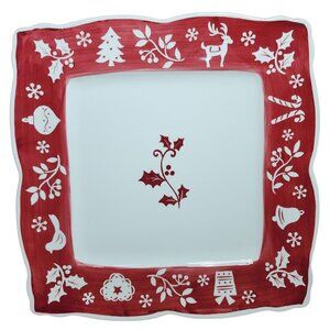 222 Fifth Tivoli Red Christmas Plate Platter 11 Inch Holiday Holly Deer Festive